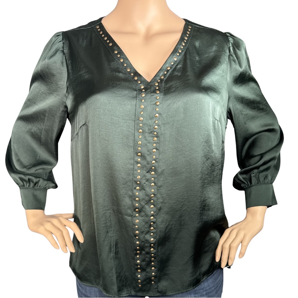Vince Camuto Womens 2X Dark Willow Green Studded V-Neck Satin Blouse 92511132